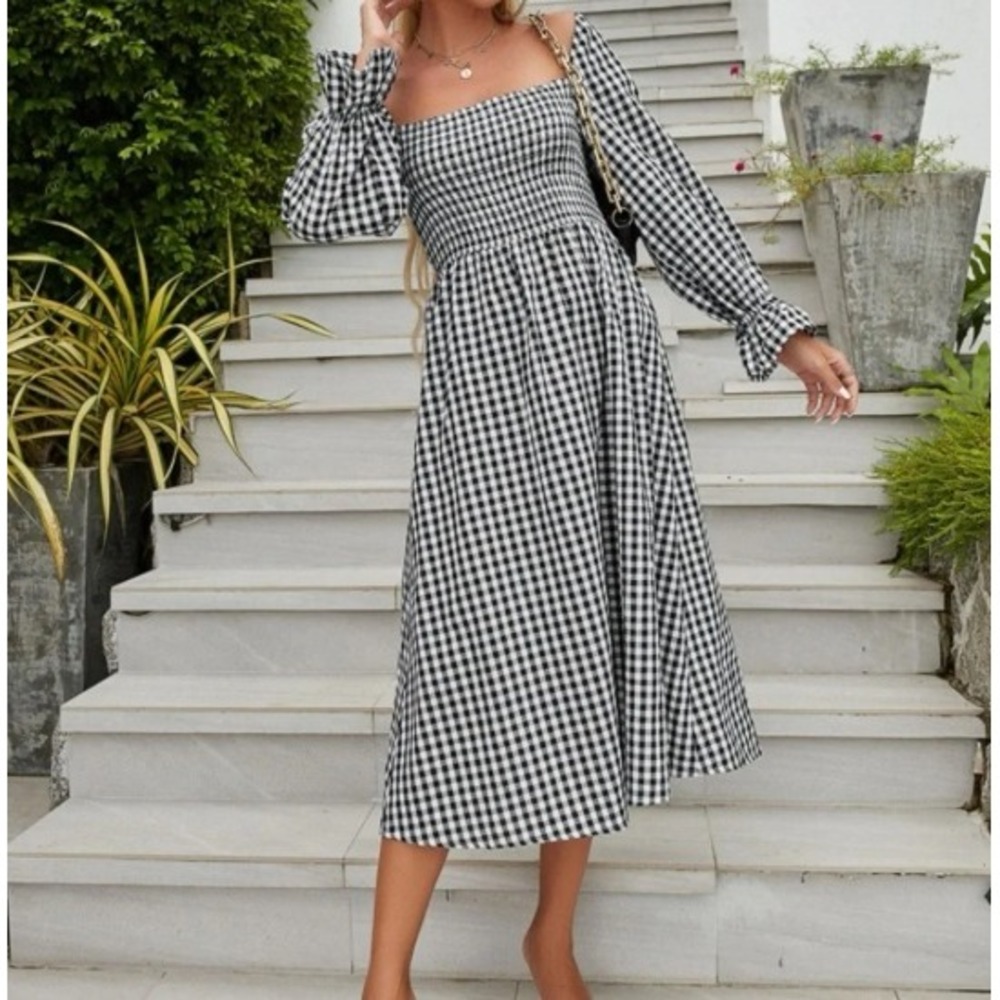 Elloh Black Gingham Smocked Midi Dress Cotton Balloon Sleeve EE1177 Small NWT
